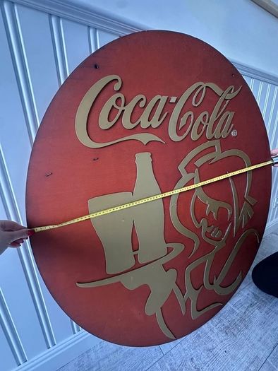 Rare 110cm Coca-Cola Tavern Double Sided Wood Swing Sign 3D Metal Relief 1970s