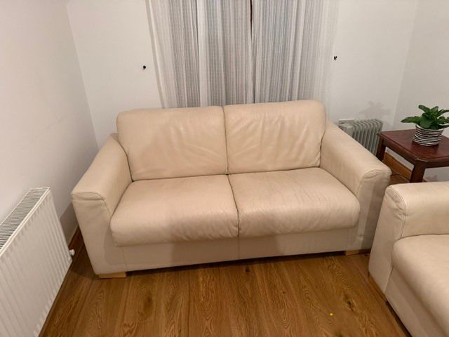 2 Seater White Leather Sofa Bed, Fold-Out Mattres and Armchair