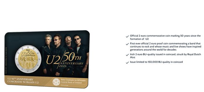 U2 Proof + BU Coincard 50th Anniversary 2026 2 euro coins