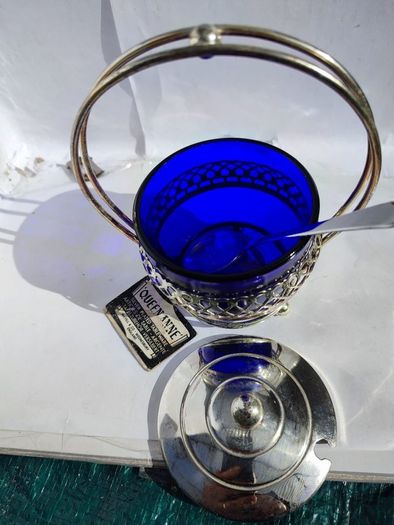 Vintage 1980s Art Deco Chrome & Cobalt Blue Glass Jam Jar