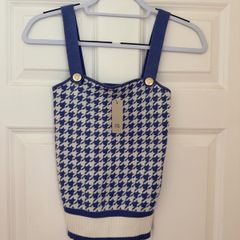 New River Island Women's Blue & White Houndstooth Knit Top - size UK 8