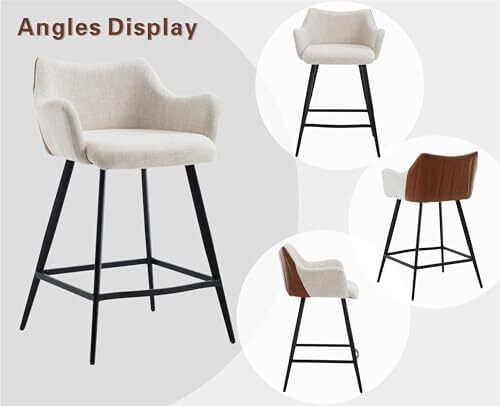 Modern Bar Stools Set of 2 Counter Stools PU Leather + Linen Fabric Spliced High Bar Stools for Breakfast with Metal Legs