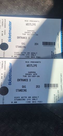 2 westlife tickets (standing 22nd sept) only 50 e