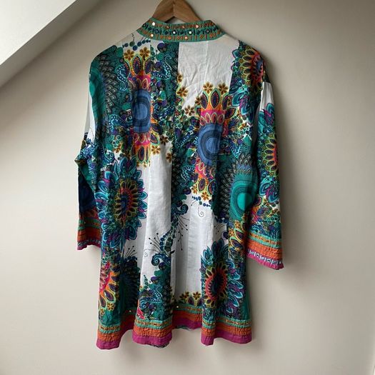 ANU by Natural Boho Tunic Dress Multicolor Paisley Floral Print with Mirror Work & Embroidery Large
