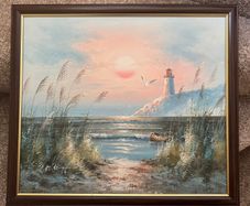 Vintage Coastal Lighthouse Painting