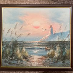 Vintage Coastal Lighthouse Painting