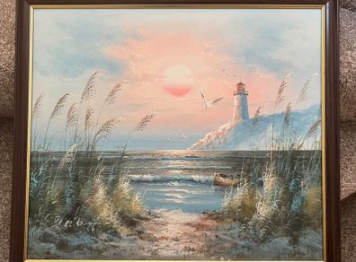 Vintage Coastal Lighthouse Painting
