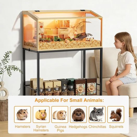 BingoPaw Wood Hamster Cage Chewproof Large Hamster Cages with Storage Shelf, Glass Panels, Ventilation Holes, Built-in LED Light, for Small Pets, Guinea Pig (80 / 40 / 40cm)
