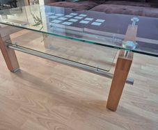 Glass table with wooden base