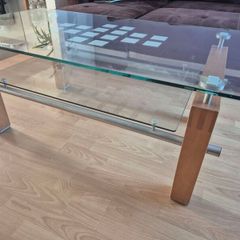 Glass table with wooden base