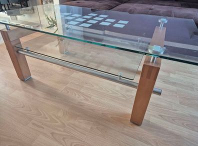 Glass table with wooden base