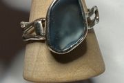 Handmade sterling silver wave ring with blue sea glass size T 1/2