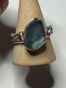 Handmade sterling silver wave ring with blue sea glass size T 1/2