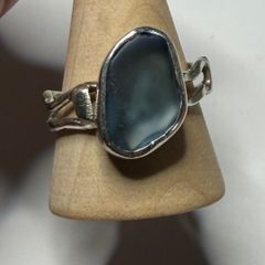 Handmade sterling silver wave ring with blue sea glass size T 1/2