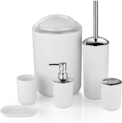 6 Pieces | Bathroom Accessories Set | Plastic Bathroom Accessories | Toothbrush Holder, Rinse Cup, Soap Dish, Hand Sanitizer Bottle, Waste Bin, Toilet Brush with Holder | White