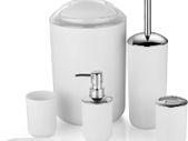 6 Pieces | Bathroom Accessories Set | Plastic Bathroom Accessories | Toothbrush Holder, Rinse Cup, Soap Dish, Hand Sanitizer Bottle, Waste Bin, Toilet Brush with Holder | White