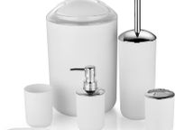 main image for ad 6 Pieces | Bathroom Accessories Set | Plastic Bathroom Accessories | Toothbrush Holder, Rinse Cup, Soap Dish, Hand Sanitizer Bottle, Waste Bin, Toilet Brush with Holder | White