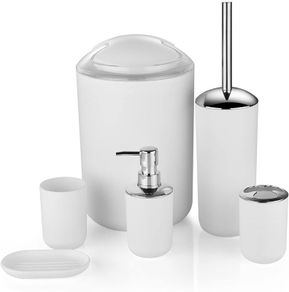 6 Pieces | Bathroom Accessories Set | Plastic Bathroom Accessories | Toothbrush Holder, Rinse Cup, Soap Dish, Hand Sanitizer Bottle, Waste Bin, Toilet Brush with Holder | White
