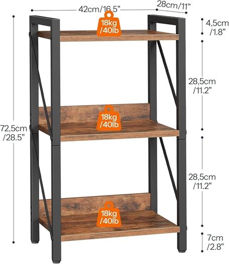 3-Tier Bookshelf, Industrial Corner Bookcase, Display Rack, Metal Frame, for Living Room, Bedroom, Office, Kitchen, Entryway, Rustic Brown and Black