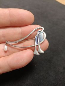 Pat Cheney for Malcolm Gray Modernist Silver and Enamel With Pearl Drop Brooch