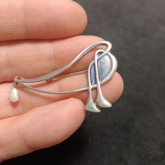 Pat Cheney for Malcolm Gray Modernist Silver and Enamel With Pearl Drop Brooch