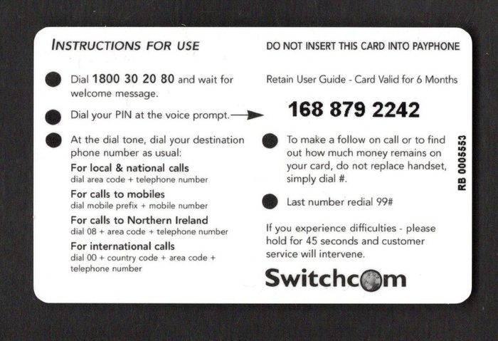 Ireland IR5 Rehab Switch.com Callcard Used