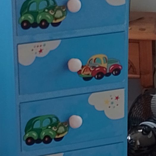 Blue children's chest of drawers with car motifs