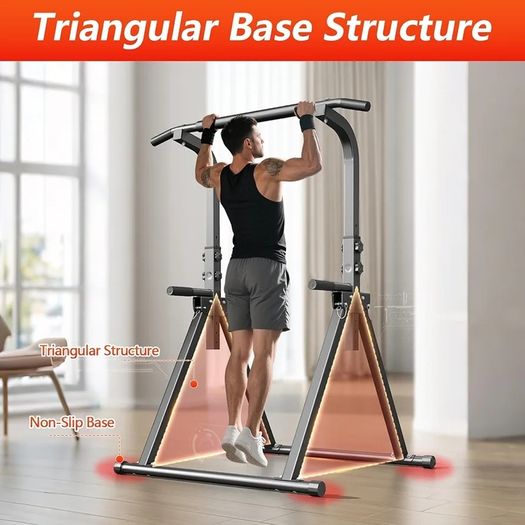 Foldable Power Tower Pull Up and Dip Station Free Standing 6 Level Adjustable 175-210 cm Stable Triangular Base Space Saving Home Gym Equipment