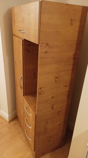 Pine finish Combination wardrobe with hanging  space, closed & open shelving, mirror, 3 lower drawers