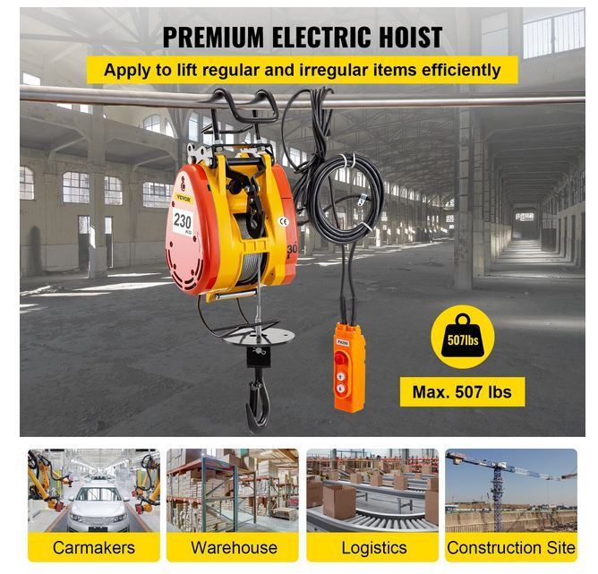 Electric Chain Hoist 230kg Capacity Electric Winch 507lbs with 98ft/30m