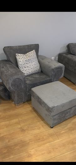L shaped sofa with arm chair and pouf