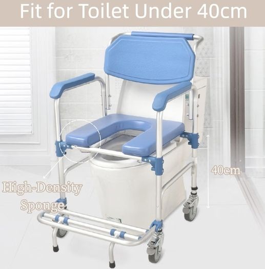 4-in-1 Wheeled Shower Chair, Bathroom Shower Chair with Wheels for Elderly, Waterproof Wheeled Commode Toilet Chair with Removable Bucket, Bedside Commode Chair on Wheels for the Disabled