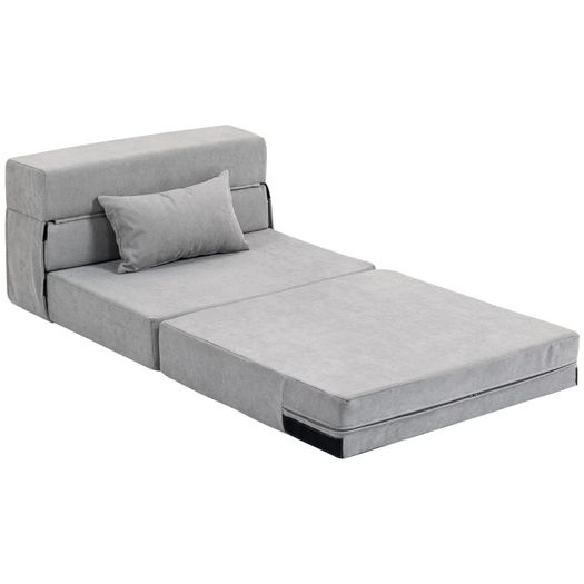 Floor sofa, upholstered couch, convertible to mattress, foam, cushion, Light Gray
