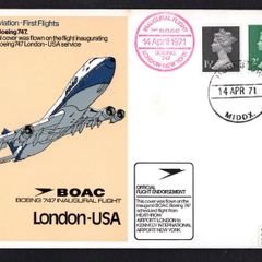 1971 Great Britain Illustrated Flight Cover Commemorating British Aviation inauguration BOAC's Boeing 747 London - USA Service tying 1 1/2d & 2d Machin definitive stamp