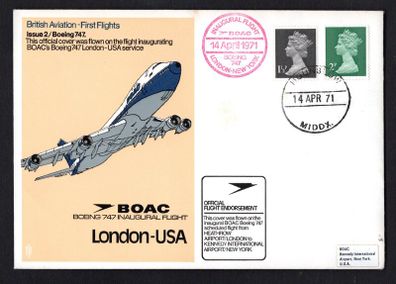 1971 Great Britain Illustrated Flight Cover Commemorating British Aviation inauguration BOAC's Boeing 747 London - USA Service tying 1 1/2d & 2d Machin definitive stamp