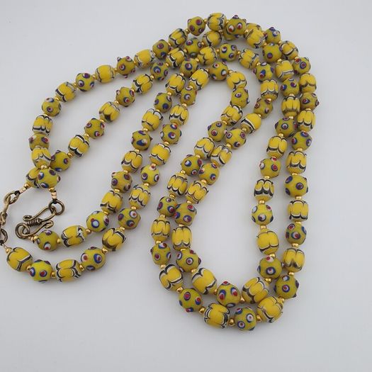 Antique Venetian Style Yellow Skunk & Trade Glass Beads Necklace
