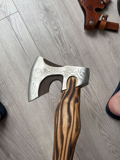 Viking Style Bearded Axe with Leather Sheath / Engraved Valknut