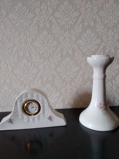Irish Parian Donegal China "Rose" Mantle Clock and Candle Holder