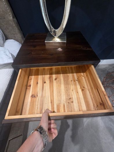2 x industrial style wooden bedside lockers with 2 x lamps