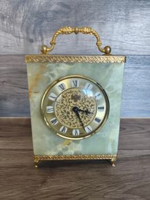 Vintage Mantel Clock Onyx Azizoff 1970s Marble Quartz Brass Shelf Desk Carriage Battery Powered Clock Made in England/ West Of Germany Untested Parts Or Repair
