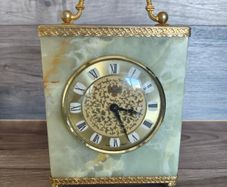 Vintage Mantel Clock Onyx Azizoff 1970s Marble Quartz Brass Shelf Desk Carriage Battery Powered Clock Made in England/ West Of Germany Untested Parts Or Repair