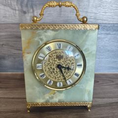 Vintage Mantel Clock Onyx Azizoff 1970s Marble Quartz Brass Shelf Desk Carriage Battery Powered Clock Made in England/ West Of Germany Untested Parts Or Repair