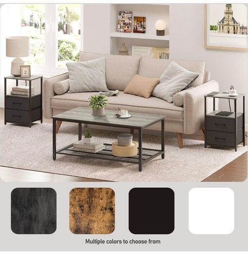 Bedside Table with Charging Station, Side Table with 2 USB Ports and Outlets, Nightstand with Cloth Drawer, Set of 2, End Table, Greige