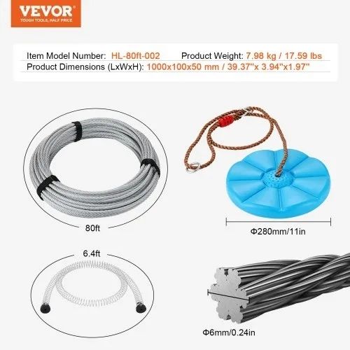 Zipline Kit for Kids and Adult, 24.38 m Zip Line Kits Up to 227 kg, Backyard Outdoor Quick Setup Zipline, Playground Entertainment with Stainless Steel Zipline, Spring Brake, Safety Harness, Seat