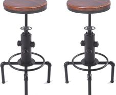 Vintage Industrial Bar Stools (Set of 2)  Solid Wood Seat with Black Pipe Frame