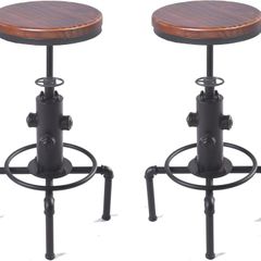Vintage Industrial Bar Stools (Set of 2)  Solid Wood Seat with Black Pipe Frame