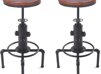 Vintage Industrial Bar Stools (Set of 2)  Solid Wood Seat with Black Pipe Frame