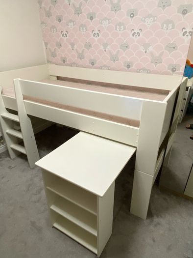 White Mid-Sleeper Cabin Bed with Pull-Out Desk, Shelves & Euro Single Mattress