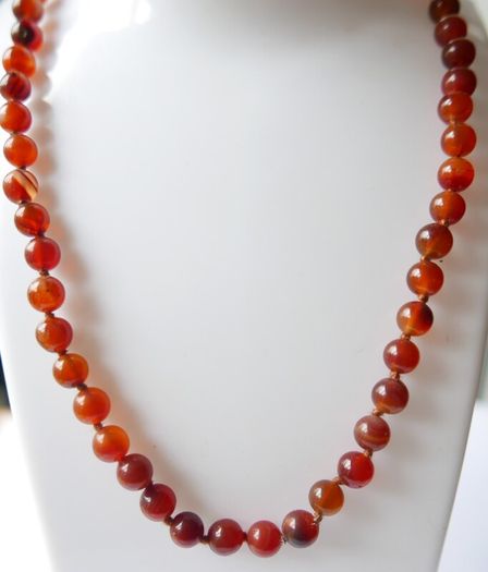 Vintage Natural Red Carnelian Agate Bead Necklace strung on a silk cord length 20"