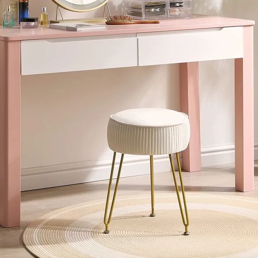 Velvet Round Footrest, Makeup Vanity Stool, Side Table, Pouf Couch Seat, Golden Steel Legs, Creamy-White L/G-30M